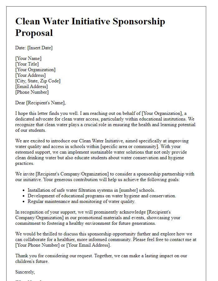 Letter template of clean water initiative sponsorship focused on school programs.