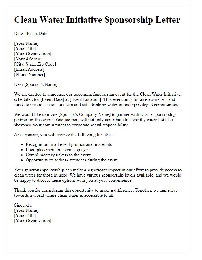 Letter template of clean water initiative sponsorship for fundraising events.