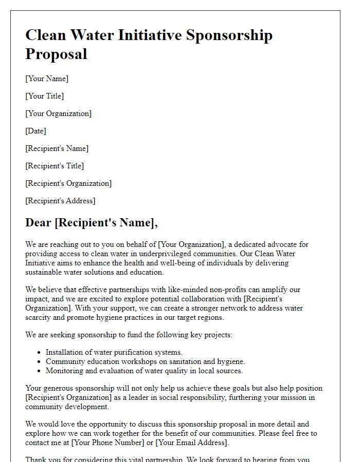 Letter template of clean water initiative sponsorship targeting non-profit collaborations.