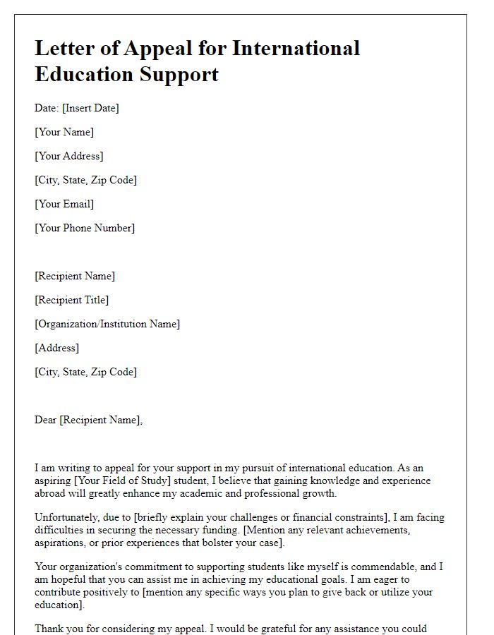 Letter template of appeal for international education support