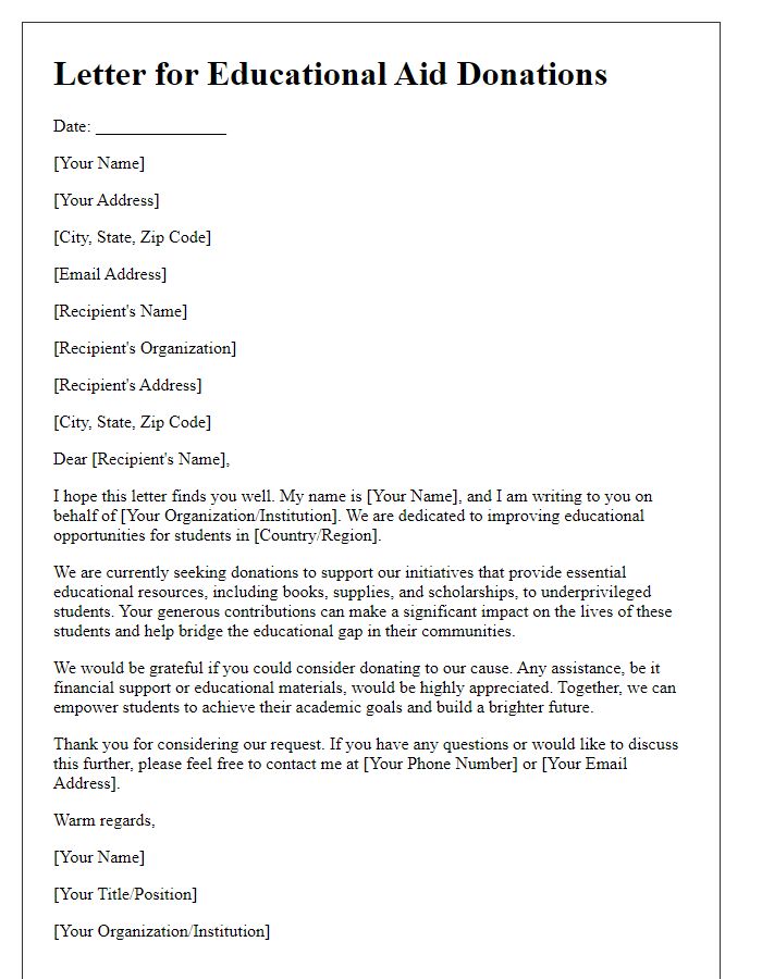 Letter template of communication for educational aid donations abroad