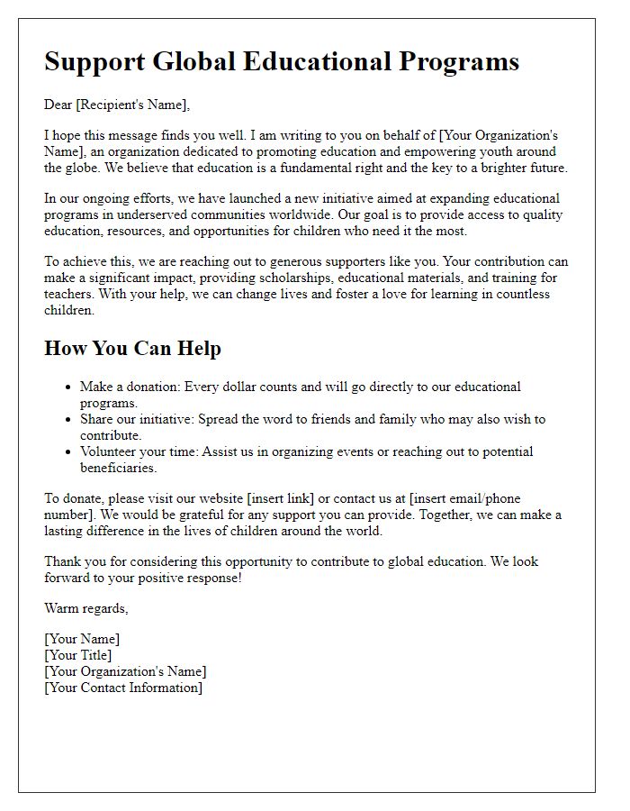 Letter template of fundraising initiative for global educational programs