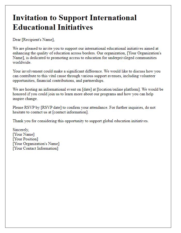 Letter template of invitation to support international educational initiatives