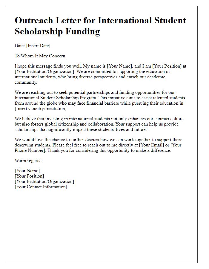 Letter template of outreach for international student scholarship funding