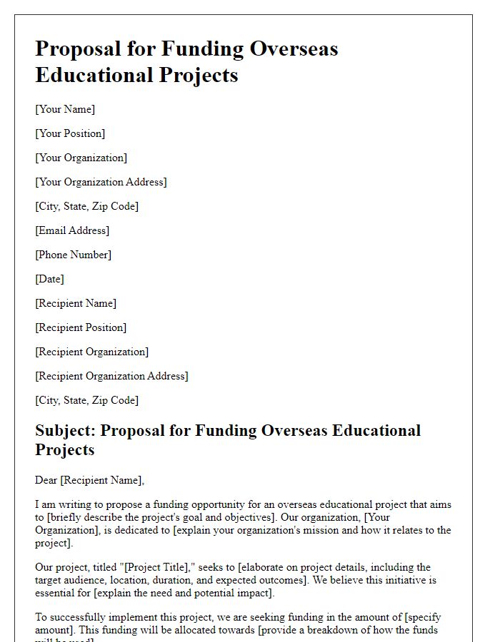 Letter template of proposal for funding overseas educational projects