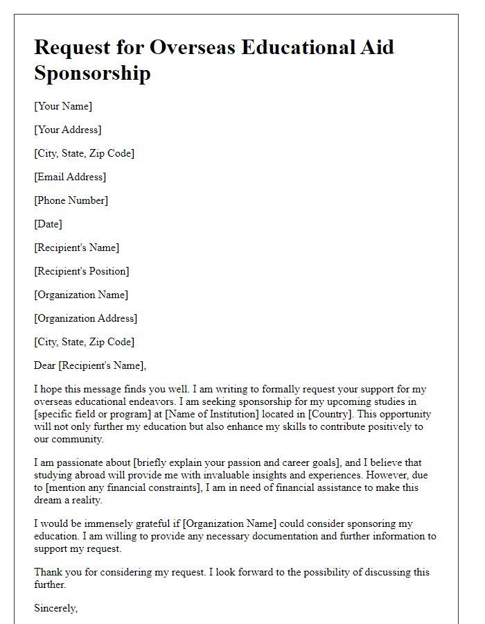 Letter template of request for overseas educational aid sponsorship