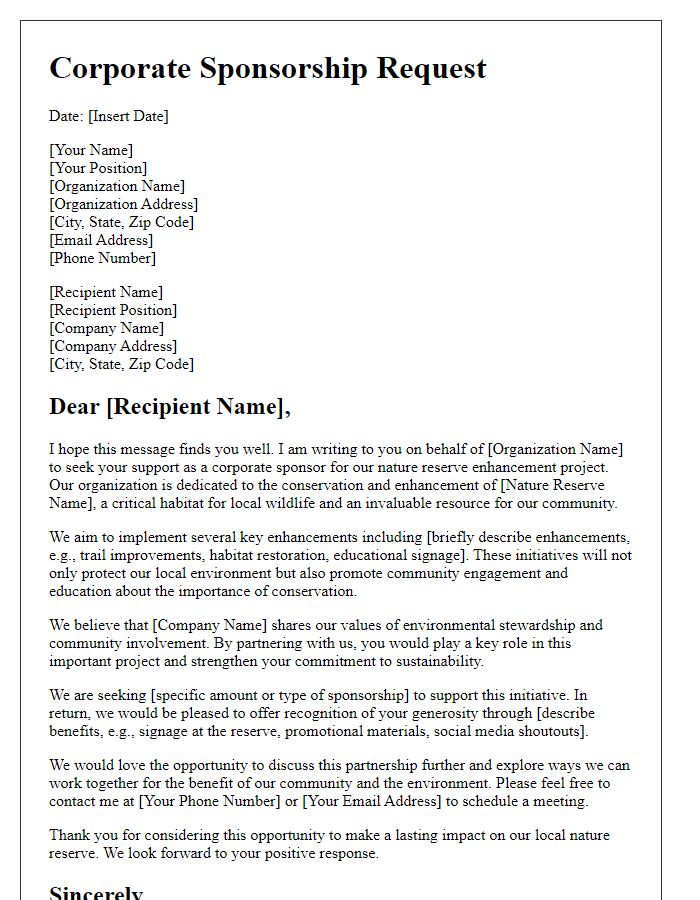 Letter template of corporate sponsorship request for nature reserve enhancements