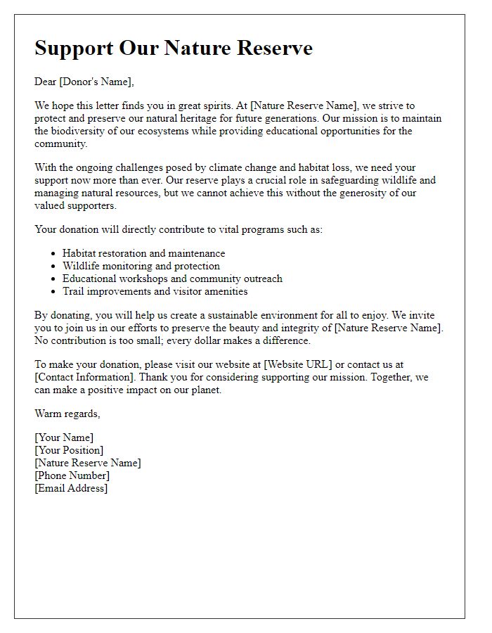 Letter template of donation solicitation for nature reserve management