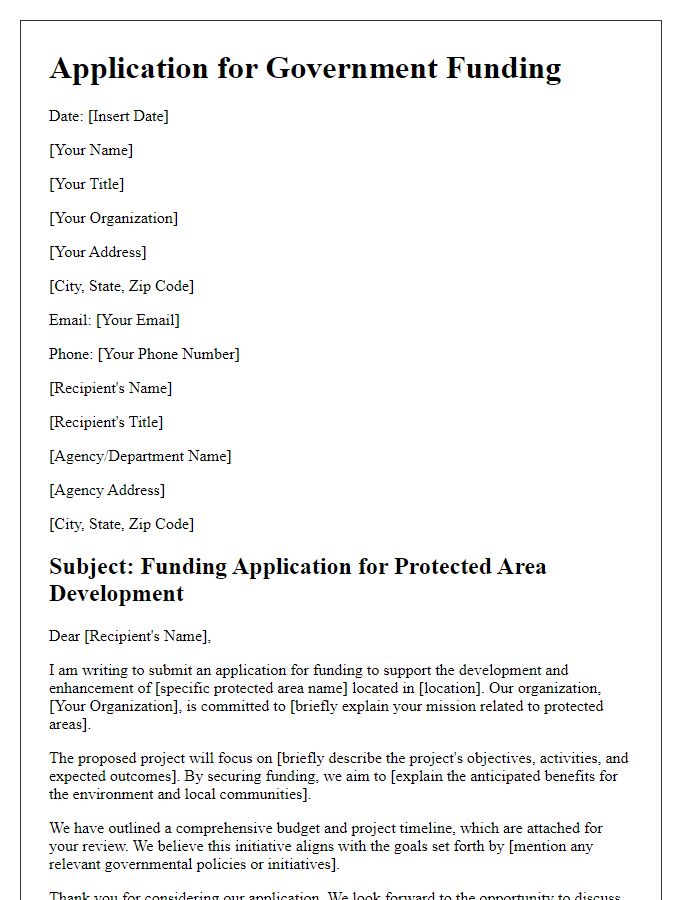 Letter template of government funding application for protected area development