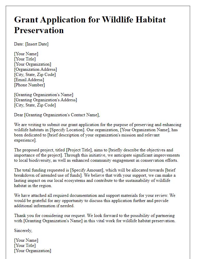 Letter template of grant application for wildlife habitat preservation