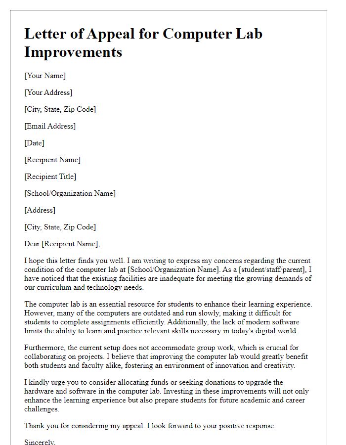 Letter template of appeal for computer lab improvements