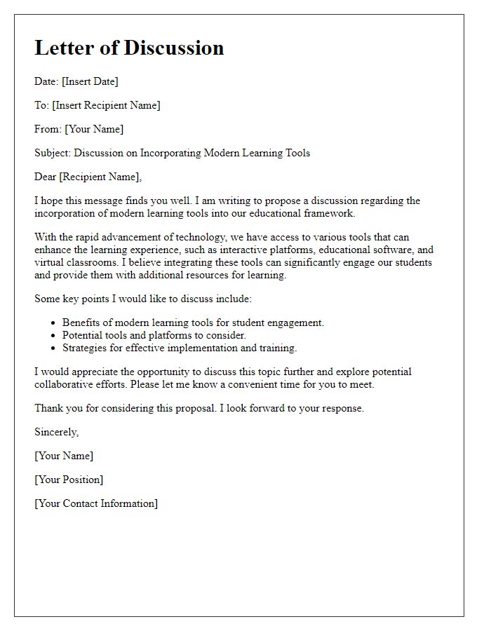 Letter template of discussion for incorporating modern learning tools