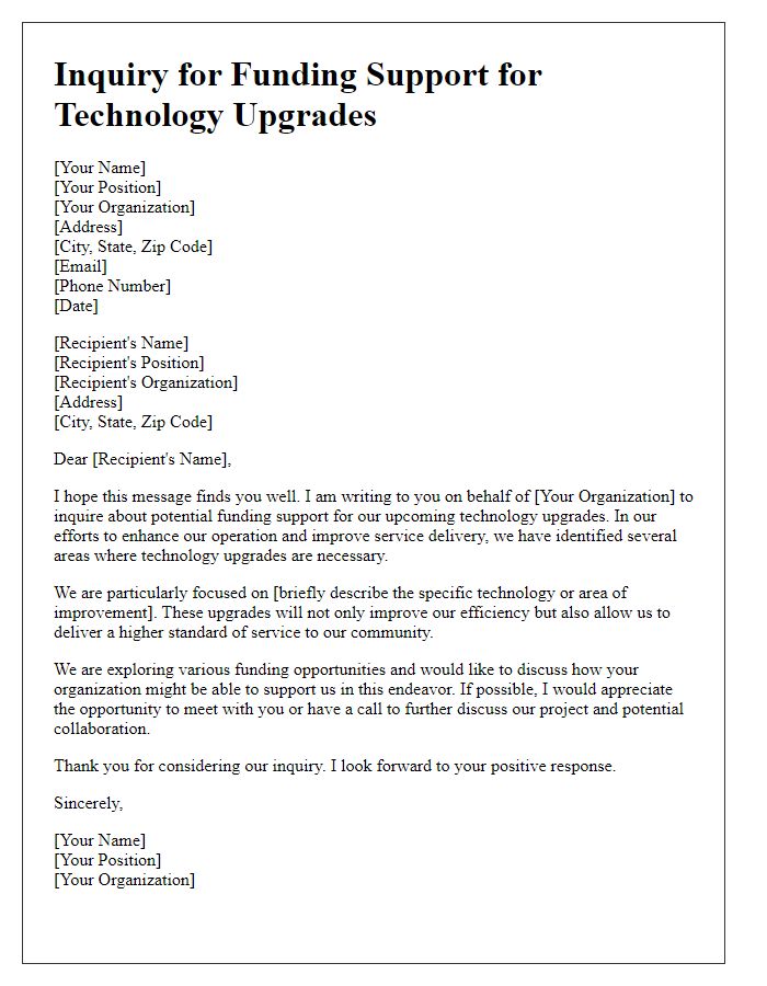 Letter template of inquiry for funding support for tech upgrades