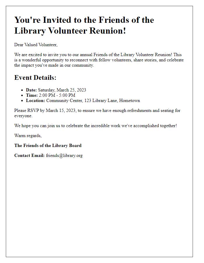 Letter template of Friends of the Library Volunteer Reunion