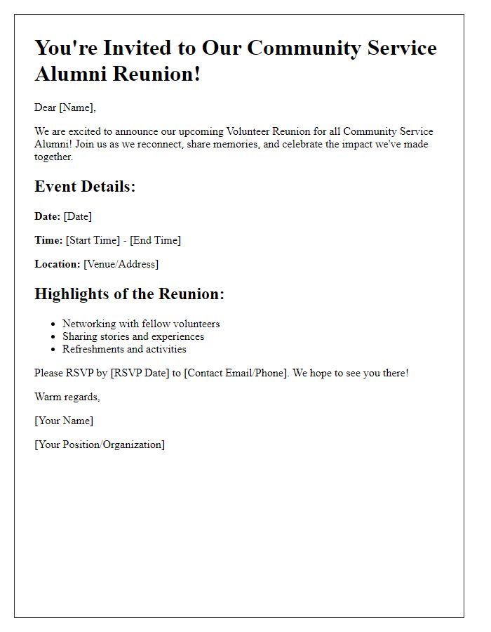 Letter template of Volunteer Reunion Invitation for Community Service Alumni