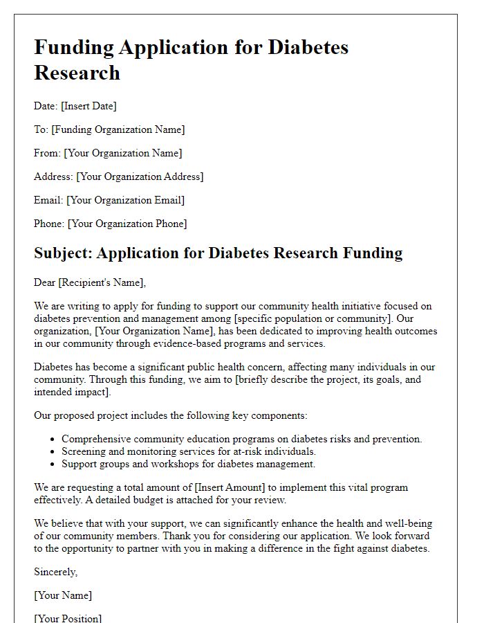 Letter template of diabetes research funding application for community health organizations.