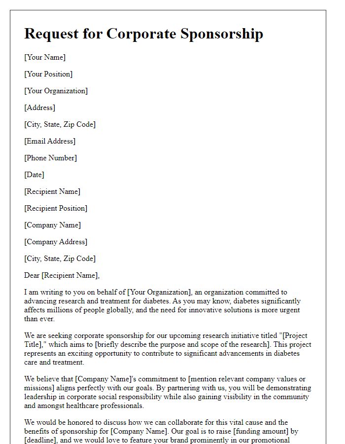 Letter template of diabetes research funding ask for corporate sponsorships.