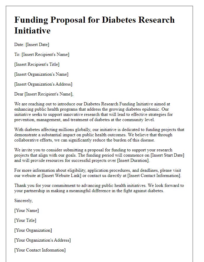 Letter template of diabetes research funding initiative for public health programs.