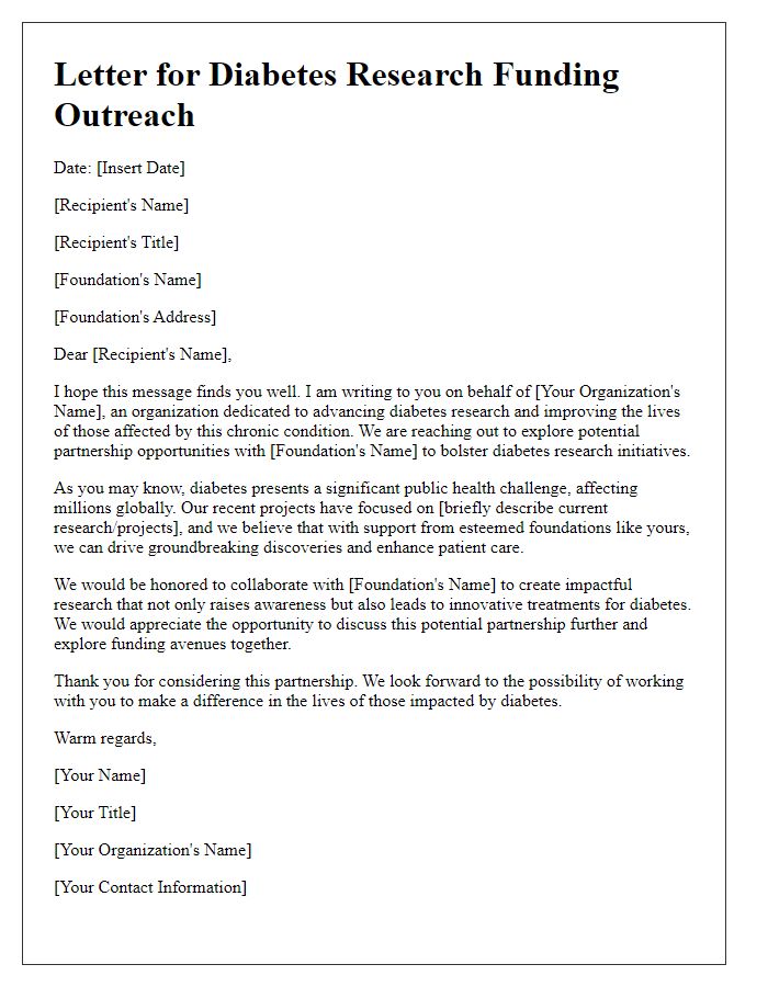 Letter template of diabetes research funding outreach for foundation partnerships.