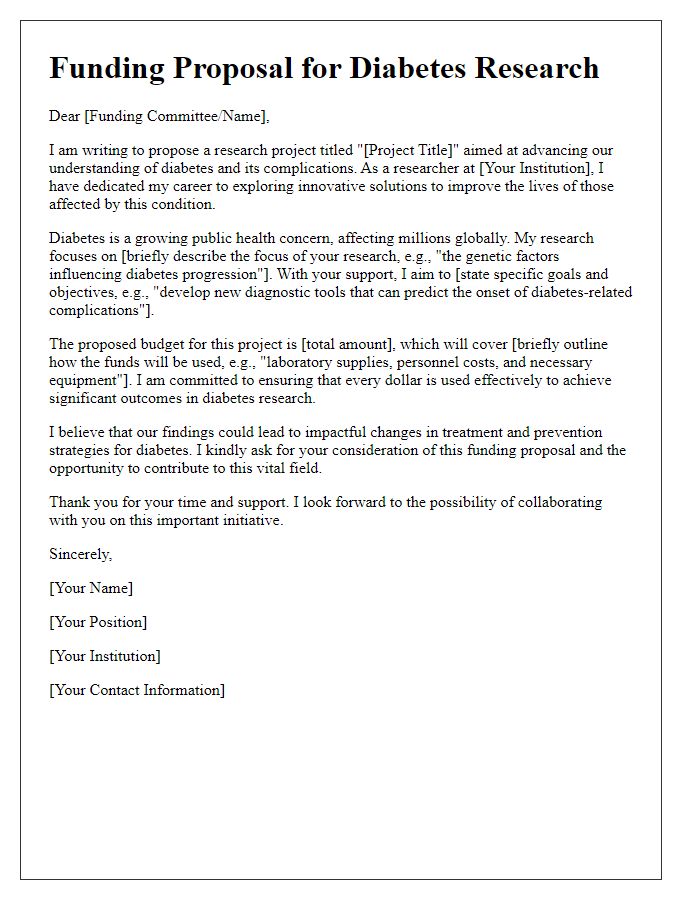 Letter template of diabetes research funding proposal for individual researchers.