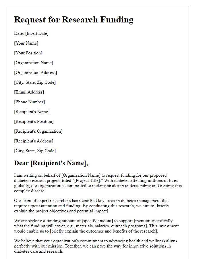 Letter template of diabetes research funding request for nonprofit organizations.