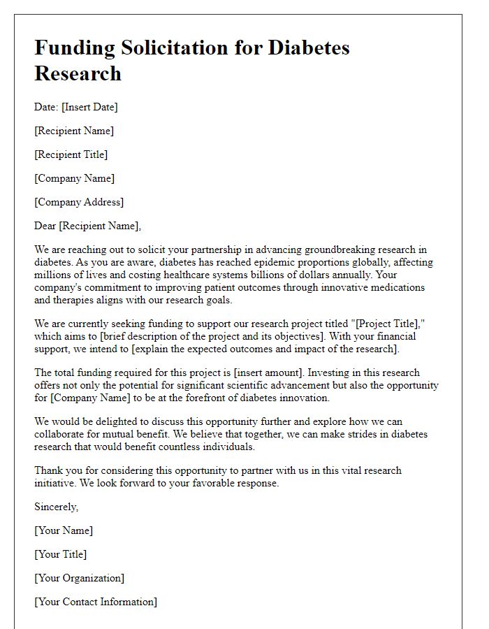 Letter template of diabetes research funding solicitation for pharmaceutical companies.