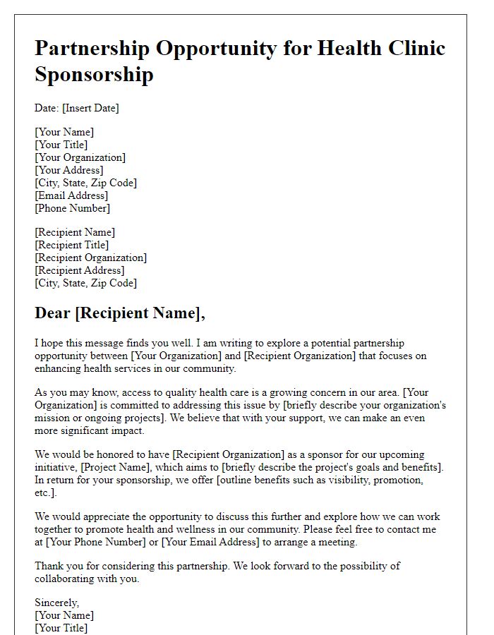 Letter template of outreach for sponsorship in health clinics