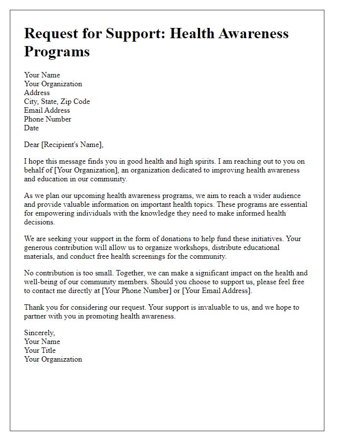 Letter template of solicitation for donations to health awareness programs