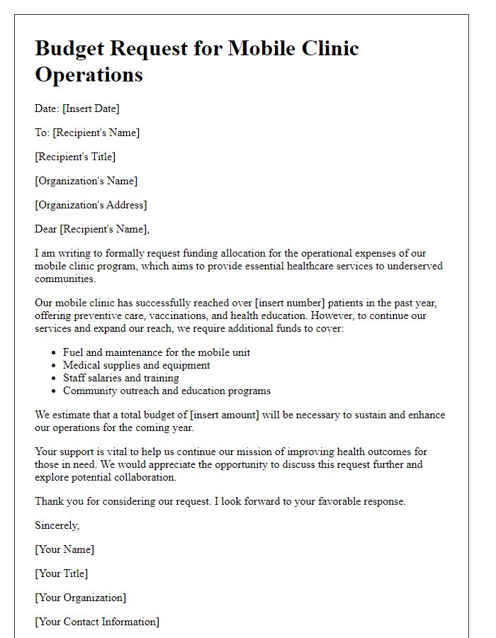 Letter template of budget request for mobile clinic operations.