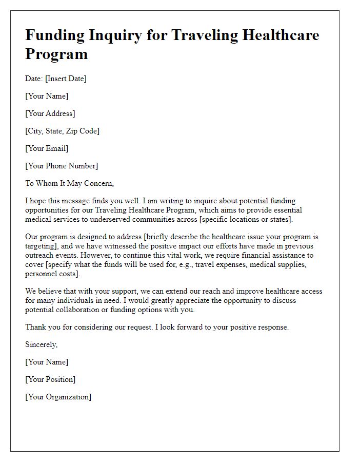 Letter template of funding inquiry for traveling healthcare program.