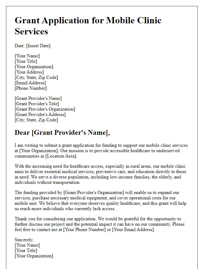 Letter template of grant application for mobile clinic services.