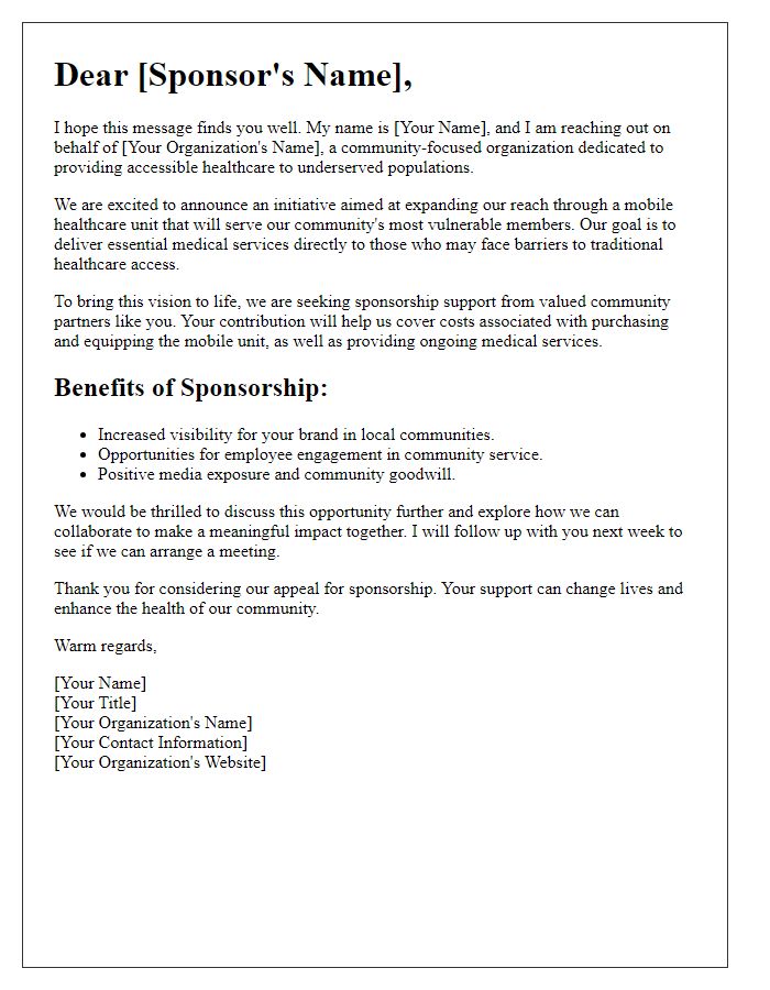 Letter template of sponsorship appeal for community mobile healthcare.