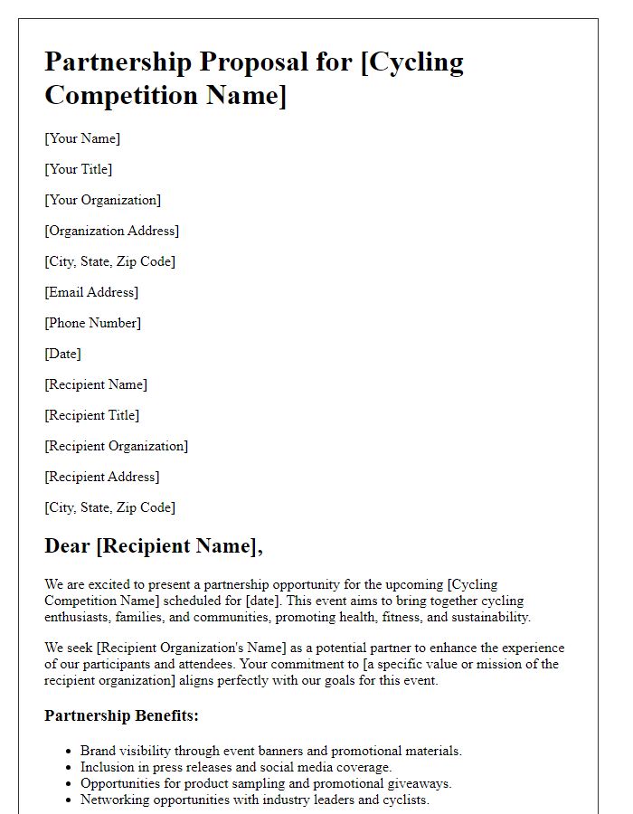 Letter template of corporate partnership proposal for cycling competition.