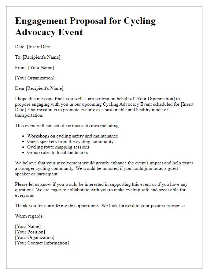 Letter template of engagement proposal for cycling advocacy event.