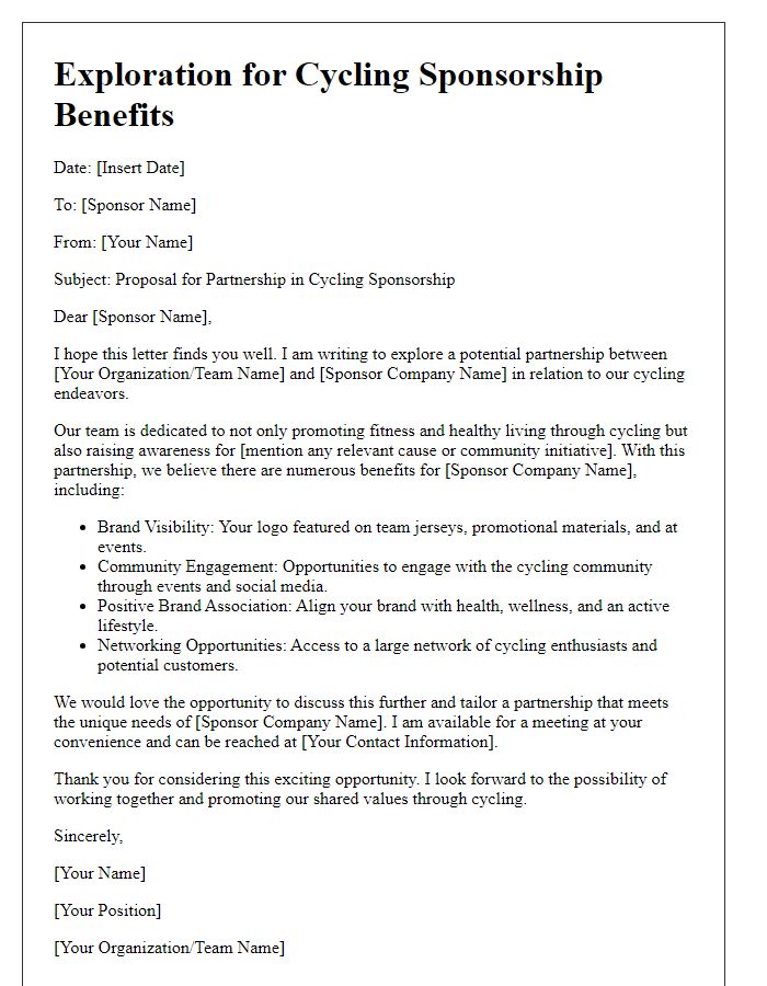 Letter template of exploration for cycling sponsorship benefits.