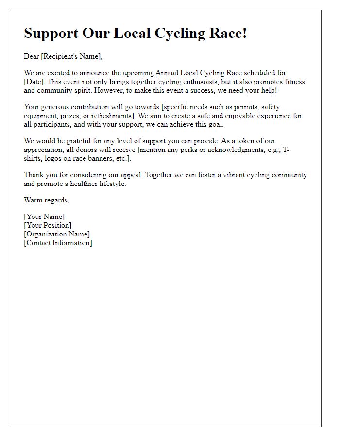 Letter template of fundraising appeal for local cycling race.