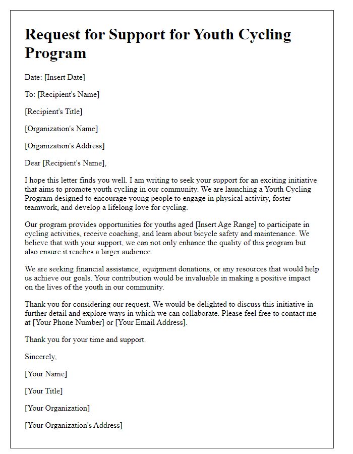 Letter template of request for support for youth cycling program.