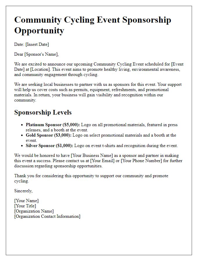 Letter template of sponsorship opportunity for community cycling event.