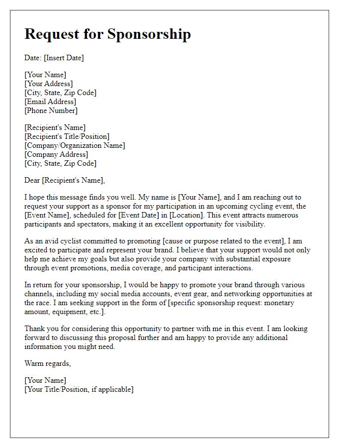 Letter template of sponsorship request for cycling event participation.