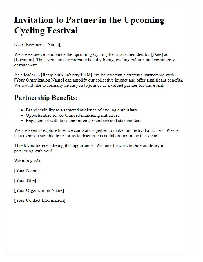 Letter template of strategic partnership invitation for cycling festival.