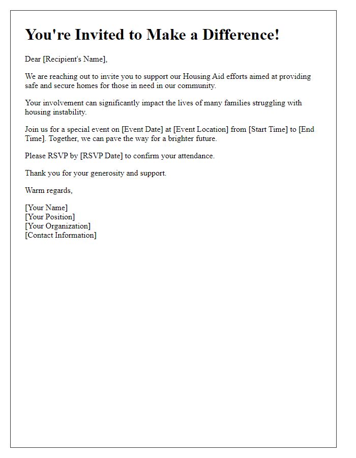 Letter template of invitation to support our housing aid efforts