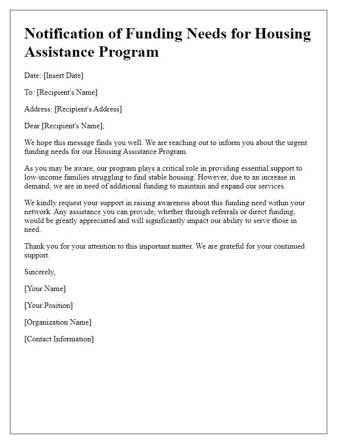 Letter template of notification about housing assistance program funding needs