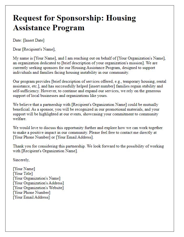 Letter template of outreach for housing assistance program sponsorships