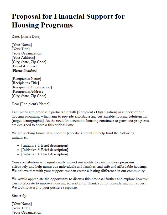 Letter template of proposal for financial support for housing programs