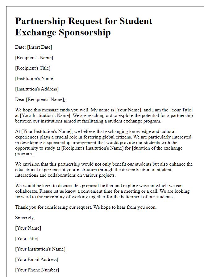 Letter template of partnership request with educational institutions for student exchange sponsorship.