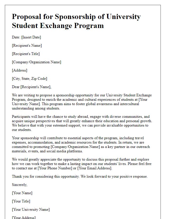 Letter template of proposal for university student exchange program sponsorship.