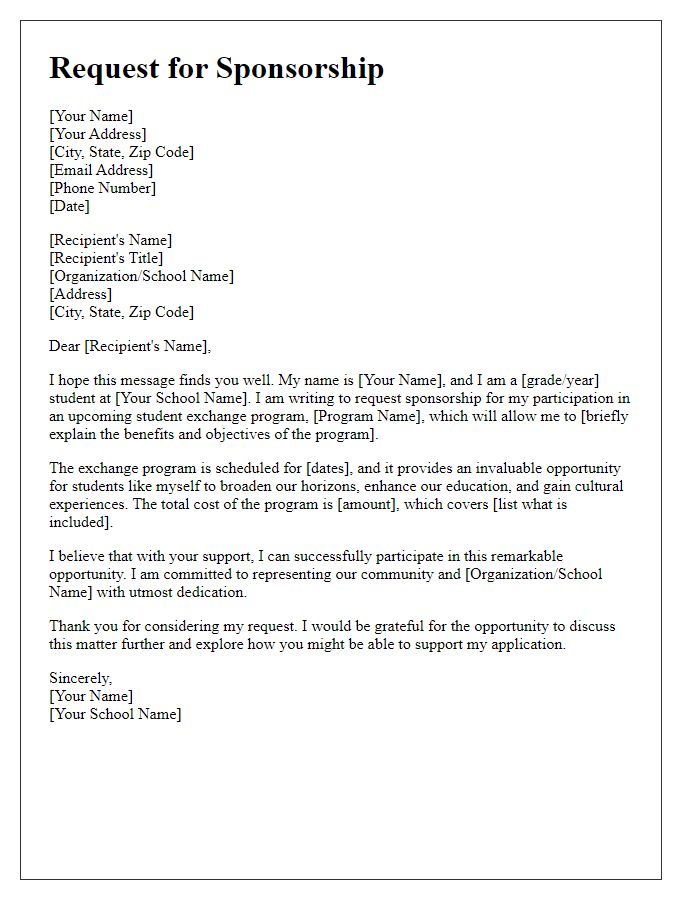 Letter template of request for student exchange program sponsorship for high school students.