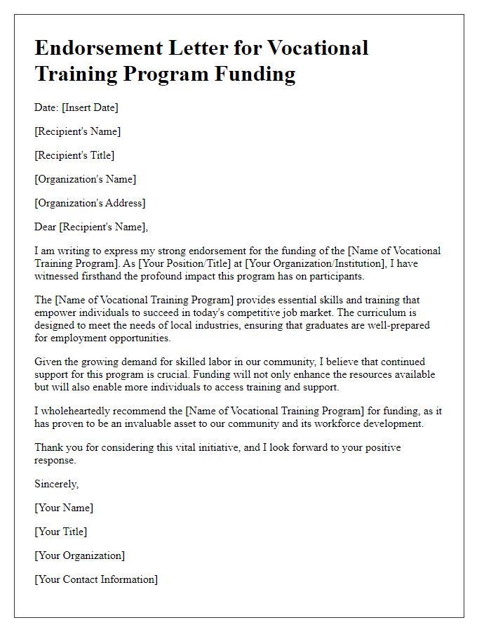 Letter template of endorsement for vocational training program funding