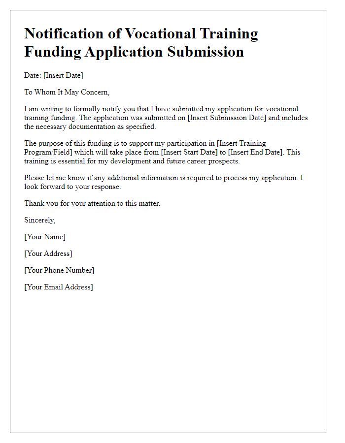 Letter template of notification for vocational training funding application submission