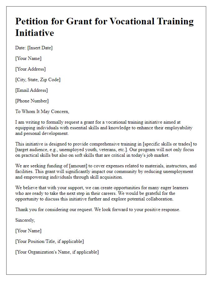 Letter template of petition for grant for vocational training initiative